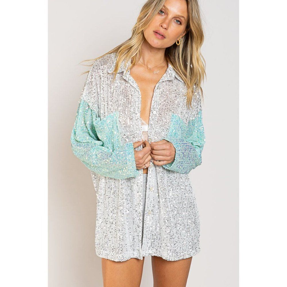 POL CLOTHING Sparkly Sequin Button Up Top White Aqua New Colorblock SMT2041 - Picture 2 of 8